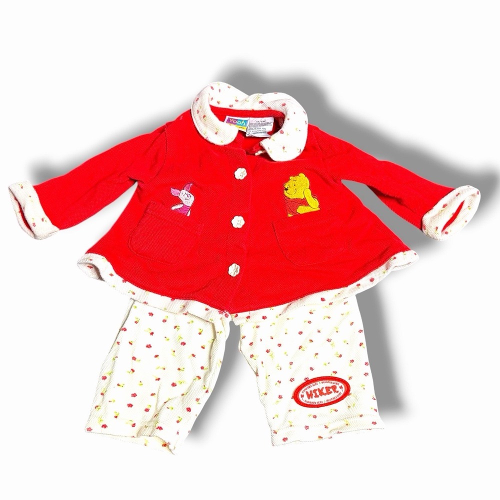 vintage winnie the pooh baby Girl Set Sweater Pants 3-6 Month red Embroidered - Picture 2 of 5